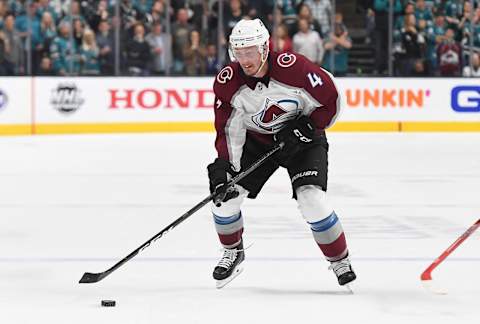 SAN JOSE, CA – MAY 08: Tyson Barrie #4 of the Colorado Avalanche skates with control of the puck against the San Jose Sharks during the third period in Game Seven of the Western Conference Second Round during the 2019 NHL Stanley Cup Playoffs at SAP Center on May 8, 2019 in San Jose, California. (Photo by Thearon W. Henderson/Getty Images)