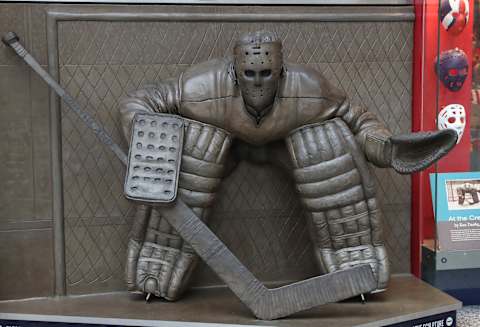 Jan 23, 2017; Toronto, Ontario, CAN; A bronze statue of a vintage goalie at the Hockey Hall of Fame before the Toronto Maple Leafs game against the Calgary Flames at Air Canada Centre. The Maple Leafs beat the Flames 4-0. Mandatory Credit: Tom Szczerbowski-USA TODAY Sports