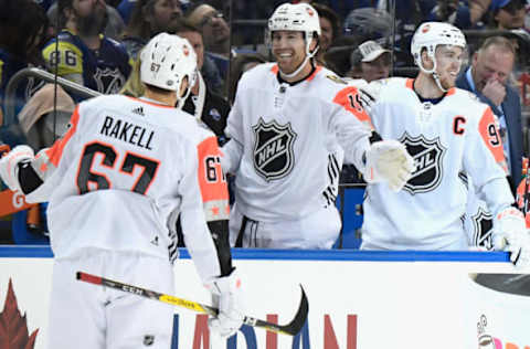 TAMPA, FL – JANUARY 28: Rickard Rakell #67 of the Anaheim Ducks skates by the bench to celebrate with teammates during the 2018 Honda NHL All-Star Game between the Atlantic Division and the Pacific Divison at Amalie Arena on January 28, 2018, in Tampa, Florida. (Photo by Brian Babineau/NHLI via Getty Images)