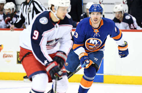 NEW YORK, NY – FEBRUARY 03: Casey Cizikas #53 of the New York Islanders watches Artemi Panarin #9 of the Columbus Blue Jackets as he skates with the puck during the third period at Barclays Center on February 3, 2018 in New York City. (Photo by Christopher Pasatieri/NHLI via Getty Images)