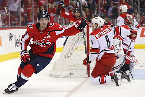 WASHINGTON, DC – APRIL 20: Nicklas Backstrom #19 of the Washington Capitals celebrates after scoring a goal against the Carolina Hurricanes in the second period in Game Five of the Eastern Conference First Round during the 2019 NHL Stanley Cup Playoffs at Capital One Arena on April 20, 2019 in Washington, DC. (Photo by Patrick Smith/Getty Images)