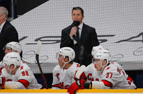 NASHVILLE, TENNESSEE – MAY 23: Head coach Rod Brind’Amour of the Carolina Hurricanes reacts to a call favoring the Nashville Predators during the first period in Game Four of the First Round of the 2021 Stanley Cup Playoffs at Bridgestone Arena on May 23, 2021, in Nashville, Tennessee. (Photo by Frederick Breedon/Getty Images)