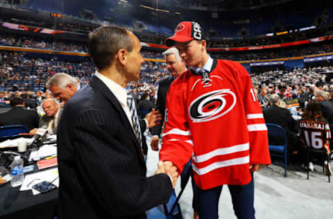 BUFFALO, NY – JUNE 25: Jack Lafontaine reacts after being selected 75th overall by the Carolina Hurricanes during the 2016 NHL Draft on June 25, 2016 in Buffalo, New York. (Photo by Bruce Bennett/Getty Images)