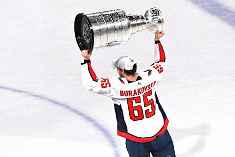 LAS VEGAS, NV – JUNE 07: Andre Burakovsky #65 of the Washington Capitals hoists the Stanley Cup after his team defeated the Vegas Golden Knights 4-3 in Game Five of the 2018 NHL Stanley Cup Final at T-Mobile Arena on June 7, 2018 in Las Vegas, Nevada. (Photo by Ethan Miller/Getty Images)