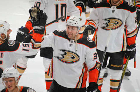 ST. PAUL, MN – February 17: Nick Ritchie #37 of the Anaheim Ducks is congratulated by his teammates after scoring the winning goal in the overtime shootout against the Minnesota Wild at the Xcel Energy Center on February 17, 2018, in St. Paul, Minnesota. (Photo by Bruce Kluckhohn/NHLI via Getty Images