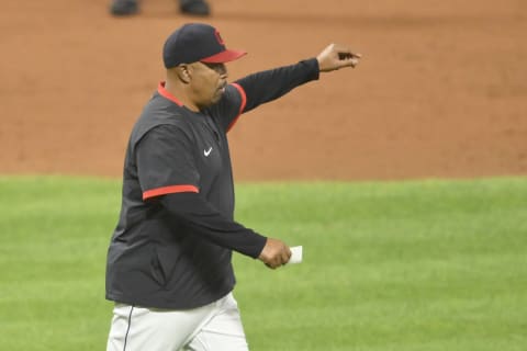 Sep 10, 2021; Cleveland, Ohio, USA; Cleveland Indians acting manager DeMarlo Hale (33) walks on the field during a pitching change in the fifth inning against the Milwaukee Brewers at Progressive Field. Mandatory Credit: David Richard-USA TODAY Sports