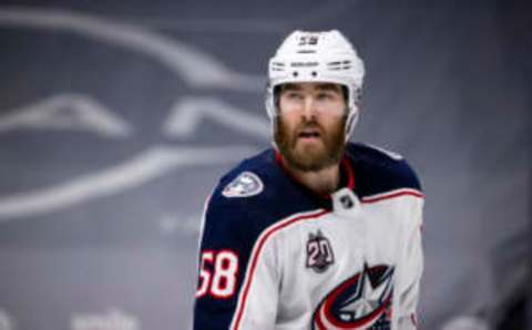 NASHVILLE, TN – JANUARY 14: David Savard #58 of the Columbus Blue Jackets looks on in a stoppage against the Nashville Predators during the third period at Bridgestone Arena on January 14, 2021 in Nashville, Tennessee. Nashville defeats Columbus 3-1. (Photo by Brett Carlsen/Getty Images)