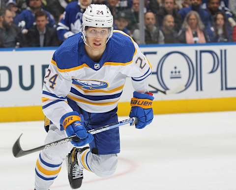 TORONTO, ON – APRIL 12: Dylan Cozens #24 of the Buffalo Sabres skates against the Toronto Maple Leafs during an NHL game at Scotiabank Arena on April 12, 2022 in Toronto, Ontario, Canada. The Sabres defeated the Maple Leafs 5-2. (Photo by Claus Andersen/Getty Images)