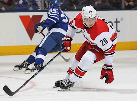 TORONTO,ON – DECEMBER 19: Sebastian Aho #20 of the Carolina Hurricanes . (Photo by Claus Andersen/Getty Images)