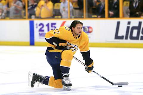 NASHVILLE, TN – MAY 05: Nashville Predators left wing Kevin Fiala (22) is shown prior to Game Five of Round Two of the Stanley Cup Playoffs between the Winnipeg Jets and Nashville Predators, held on May 5, 2018, at Bridgestone Arena in Nashville, Tennessee. Fiala was a healthy scratch for Game Four. (Photo by Danny Murphy/Icon Sportswire via Getty Images)