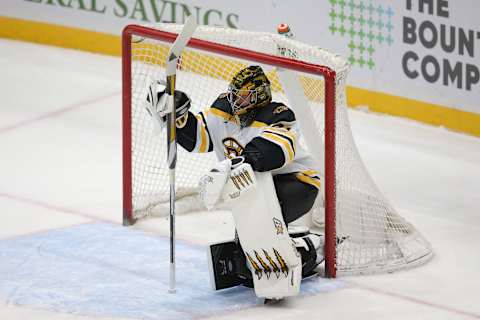 Feb 25, 2021; Uniondale, New York, USA; Boston Bruins goalie Jaroslav Halak (41) reacts after allowing the New York Islanders to score five goals in the third period and seven overall during the third period at Nassau Veterans Memorial Coliseum. Mandatory Credit: Brad Penner-USA TODAY Sports