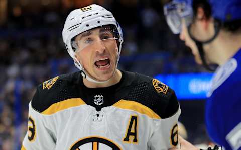 TAMPA, FLORIDA – DECEMBER 12: Brad Marchand #63 of the Boston Bruins reacts to a play during a game against the Tampa Bay Lightning at Amalie Arena on December 12, 2019 in Tampa, Florida. (Photo by Mike Ehrmann/Getty Images)