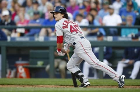 Aug 3, 2016; Seattle, WA, USA; Boston Red Sox left fielder Andrew Benintendi (40) hits a single against the Seattle Mariners during the third inning at Safeco Field. Mandatory Credit: Joe Nicholson-USA TODAY Sports