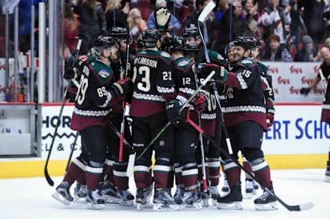 Nov 27, 2015; Glendale, AZ, USA; Arizona Coyotes defenseman Oliver Ekman-Larsson (23) celebrates with teammates after scoring the game winning goal in overtime to beat the Calgary Flames 2-1 at Gila River Arena. Mandatory Credit: Matt Kartozian-USA TODAY Sports