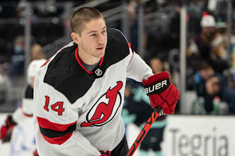 New Jersey Devils forward Nathan Bastian (14): Stephen Brashear-USA TODAY Sports