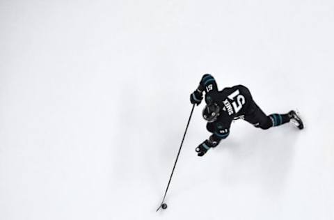 SAN JOSE, CA – MARCH 07: An overhead view as Radim Simek #51 of the San Jose Sharks skates ahead with the puck against the Montreal Canadiens at SAP Center on March 7, 2019 in San Jose, California (Photo by Brandon Magnus/NHLI via Getty Images)