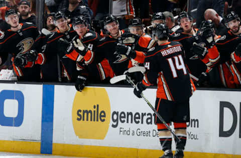 ANAHEIM, CA: Adam Henrique #14 of the Anaheim Ducks celebrates his third-period goal with his teammates against the Los Angeles Kings on January 19, 2018. (Photo by Debora Robinson/NHLI via Getty Images)