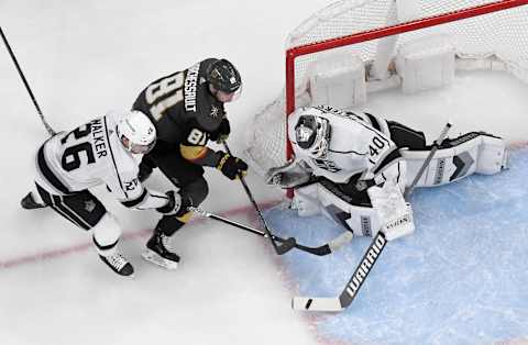 LAS VEGAS, NEVADA – MARCH 01: Calvin Petersen #40 of the Los Angeles Kings blocks a shot by Jonathan Marchessault #81 of the Vegas Golden Knights as Sean Walker #26 of the Kings defends in the first period of their game at T-Mobile Arena on March 1, 2020 in Las Vegas, Nevada. (Photo by Ethan Miller/Getty Images)