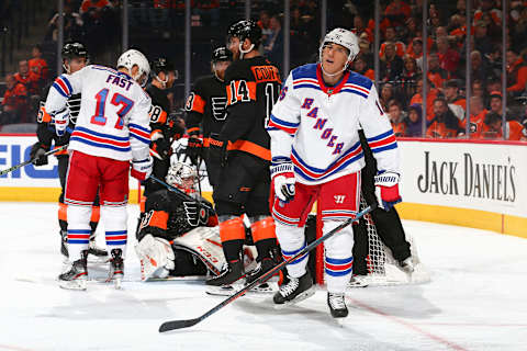 PHILADELPHIA, PA – FEBRUARY 28: Ryan Strome #16 of the New York Rangers reacts after Carter Hart #79 of the Philadelphia Flyers makes a save in the second period at the Wells Fargo Center on February 28, 2020 in Philadelphia, Pennsylvania. (Photo by Mitchell Leff/Getty Images)