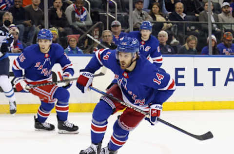 NEW YORK, NEW YORK – FEBRUARY 20: Tyler Motte #14 of the New York Rangers skates in his first game for the team against the Winnipeg Jets at Madison Square Garden on February 20, 2023, in New York City. (Photo by Bruce Bennett/Getty Images)