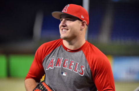 May 26, 2017; Miami, FL, USA; Los Angeles Angels center fielder Mike Trout (27) looks on prior to the game against the Miami Marlins at Marlins Park. Mandatory Credit: Jasen Vinlove-USA TODAY Sports