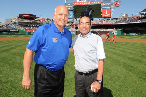 WASHINGTON, DC – AUGUST 15: Former Japan ball player Sachio Kinugasa and American ball player Cal Ripken Jr. pose before a baseball game between the San Francisco Giants and the Washington Nationals on August 15, 2013 at Nationals Park in Washington, DC. The Nationals won 4-3. (Photo by Mitchell Layton/Getty Images)