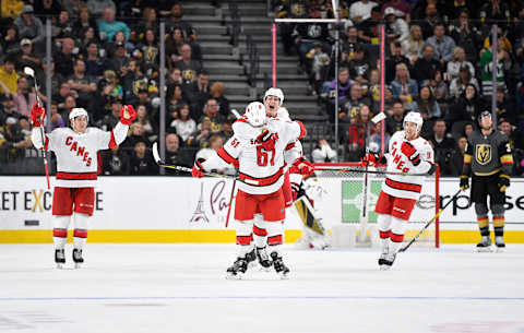 LAS VEGAS, NEVADA – FEBRUARY 08: Martin Necas #88 of the Carolina Hurricanes celebrates after scoring a goal during the third period against the Vegas Golden Knights at T-Mobile Arena on February 08, 2020 in Las Vegas, Nevada. (Photo by Jeff Bottari/NHLI via Getty Images)