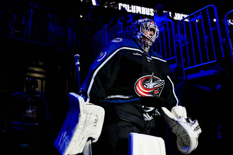 Dec 9, 2022; Columbus, Ohio, USA; Columbus Blue Jackets goaltender Joonas Korpisalo (70) takes the ice prior to the game against the Calgary Flames at Nationwide Arena. Mandatory Credit: Aaron Doster-USA TODAY Sports