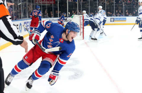 NEW YORK, NY – OCTOBER 29: Adam Fox #23 of the New York Rangers reacts after scoring the first goal of his NHL career in the third period against the Tampa Bay Lightning at Madison Square Garden on October 29, 2019 in New York City. (Photo by Jared Silber/NHLI via Getty Images)