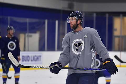 St. Louis Blues defenseman Alex Pietrangelo (27) skates during a NHL workout. Mandatory Credit: Jeff Curry-USA TODAY Sports