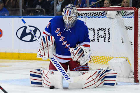 Apr 19, 2022; New York, New York, USA; New York Rangers goaltender Igor Shesterkin (31) makes a save against the Winnipeg Jets during the second period at Madison Square Garden. Mandatory Credit: Dennis Schneidler-USA TODAY Sports