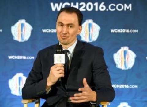 Mar 2, 2016; Toronto, Ontario, Canada; Team Europe general manager Miroslav Satan speaks to the media during a press conference for the upcoming 2016 World Cup of Hockey at Intercontinental Hotel. Mandatory Credit: Dan Hamilton-USA TODAY Sports