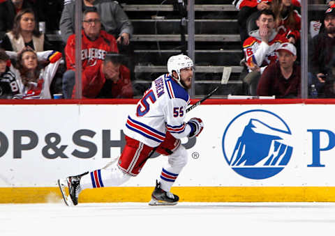 NEWARK, NEW JERSEY – APRIL 18: Ryan Lindgren #55 of the New York Rangers celebrates his second-period goal against the New Jersey Devils during Game One in the First Round of the 2023 Stanley Cup Playoffs at the Prudential Center on April 18, 2023, in Newark, New Jersey. (Photo by Bruce Bennett/Getty Images)