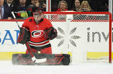 RALEIGH, NC – JANUARY 21: Carolina Hurricanes Goalie Petr Mrazek (34) blocks a shot with his right shoulder during a game between the Carolina Hurricanes and the Winnipeg Jets on January 21, 2020 at the PNC Arena in Raleigh, NC. (Photo by Greg Thompson/Icon Sportswire via Getty Images)