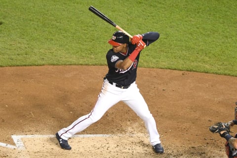 WASHINGTON, DC – SEPTEMBER 04: Juan Soto #22 of the Washington Nationals prepares for a pitch during a baseball game against the St. Louis Cardinals at Nationals Park on September 4, 2018 in Washington, DC. (Photo by Mitchell Layton/Getty Images)