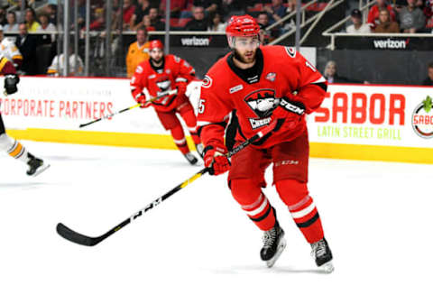 CHARLOTTE, NC – JUNE 01: Charlotte Checkers center Nicolas Roy (15) during game one of the Calder Cup finals between the Chicago Wolves and the Charlotte Checkers on June 01, 2019 at Bojangles Coliseum in Charlotte,NC.(Photo by Dannie Walls/Icon Sportswire via Getty Images)