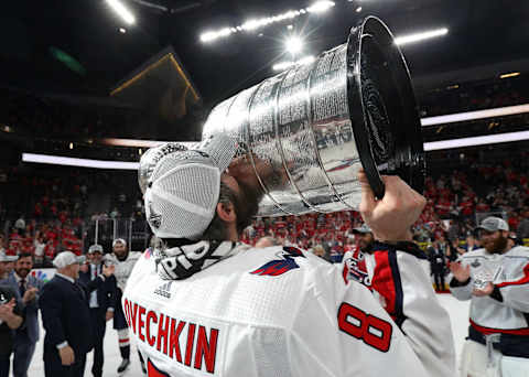 LAS VEGAS, NV – JUNE 07: Captain Alex Ovechkin #8 of the Washington Capitals kisses the Stanley Cup after Game Five of the 2018 NHL Stanley Cup Final between the Washington Capitals and the Vegas Golden Knights at T-Mobile Arena on June 7, 2018 in Las Vegas, Nevada. The Capitals defeated the Golden Knights 4-3 to win the Stanley Cup Final Series 4-1. (Photo by Dave Sandford/NHLI via Getty Images)