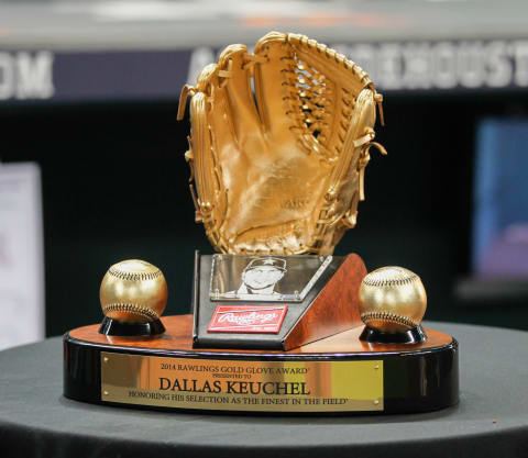 HOUSTON, TX – APRIL 17: A view of the Rawlings Gold Glove Award given to Dallas Keuchel