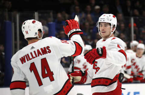 UNIONDALE, NEW YORK – MARCH 07: Haydn Fleury #4 of the Carolina Hurricanes celebrates his goal against the New York Islanders at 13:22 of the Carolina Hurricanes at NYCB Live’s Nassau Coliseum on March 07, 2020 in Uniondale, New York. (Photo by Bruce Bennett/Getty Images)