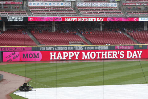 CINCINNATI, OH – MAY 08: General view as a Mother’s Day message is shown on an outfield scoreboard during a rain delay prior to a game between the Milwaukee Brewers and Cincinnati Reds at Great American Ball Park on May 8, 2016 in Cincinnati, Ohio. (Photo by Joe Robbins/Getty Images)