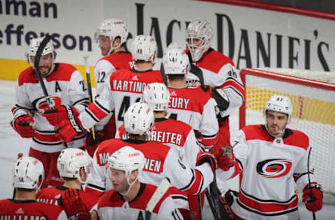 PHILADELPHIA, PENNSYLVANIA – APRIL 06: The Carolina Hurricanes celebrate their 4-3 victory over the Philadelphia Flyers at the Wells Fargo Center on April 06, 2019 in Philadelphia, Pennsylvania. (Photo by Bruce Bennett/Getty Images)