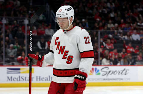 WASHINGTON, DC – MARCH 03: Brett Pesce #22 of the Carolina Hurricanes looks on against the Washington Capitals at Capital One Arena on March 03, 2022 in Washington, DC. (Photo by Rob Carr/Getty Images)