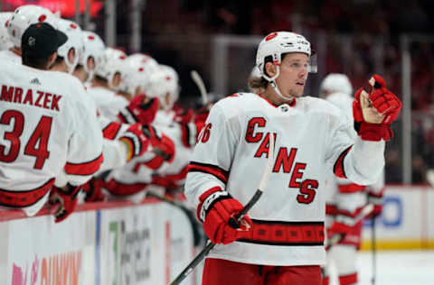 WASHINGTON, DC – OCTOBER 05: Erik Haula #56 of the Carolina Hurricanes celebrates after scoring a goal in the third period against the Washington Capitals at Capital One Arena on October 5, 2019 in Washington, DC. (Photo by Patrick McDermott/NHLI via Getty Images)