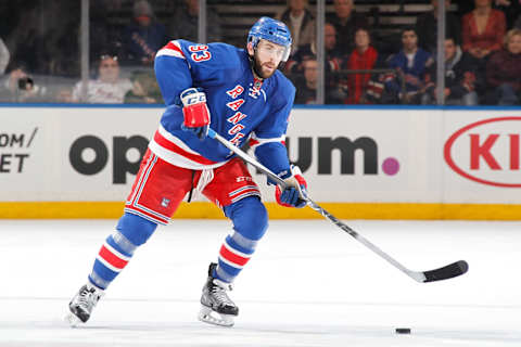 NEW YORK, NY – APRIL 02: Keith Yandle #93 of the New York Rangers skates with the puck against the Buffalo Sabres at Madison Square Garden on April 2, 2016 in New York City. The Buffalo Sabres won 4-3. (Photo by Jared Silber/NHLI via Getty Images)