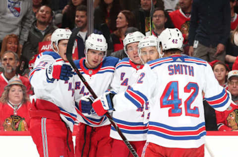 CHICAGO, IL – OCTOBER 25: Pavel Buchnevich #89 of the New York Rangers (middle) celebrates with teammates after scoring against the Chicago Blackhawks in the first period at the United Center on October 25, 2018 in Chicago, Illinois. (Photo by Chase Agnello-Dean/NHLI via Getty Images)