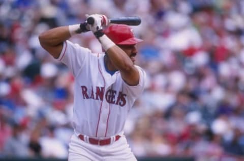 12 Apr 1998: Outfielder Juan Gonzalez of the Texas Rangers in action during a game against the Toronto Blue Jays at The Ball Park in Arlington, Texas. The Rangers won the game, 3-1. Mandatory Credit: Stephen Dunn /Allsport