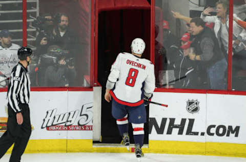 RALEIGH, NC – APRIL 22: Washington Capitals left wing Alex Ovechkin (8) leaves the ice after a late penalty during a game between the Carolina Hurricanes and the Washington Capitals on April 22, 2019 at the PNC Arena in Raleigh, NC. (Photo by Greg Thompson/Icon Sportswire via Getty Images)