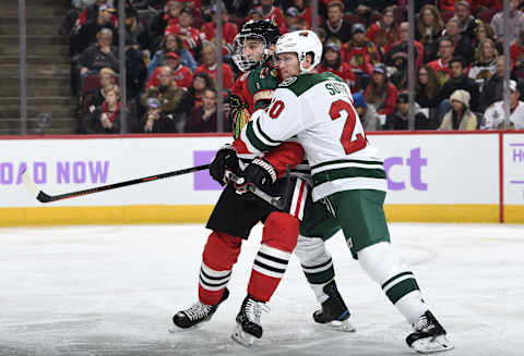 CHICAGO, IL – NOVEMBER 18: Brandon Saad #20 of the Chicago Blackhawks and Ryan Suter #20 of the Minnesota Wild watch for the puck in the third period at the United Center on November 18, 2018 in Chicago, Illinois. (Photo by Bill Smith/NHLI via Getty Images)