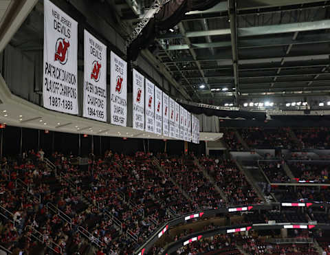 The New Jersey Devils banners. (Photo by Bruce Bennett/Getty Images)