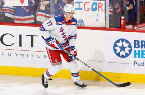 SUNRISE, FL – MARCH 25: Niko Mikkola #76 of the New York Rangers skates with the puck prior to the game against the Florida Panthers at the FLA Live Arena on March 25, 2023, in Sunrise, Florida. (Photo by Joel Auerbach/Getty Images)